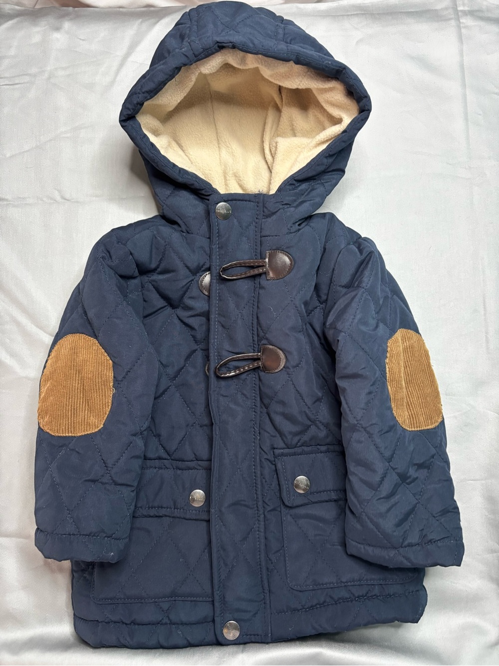 Perry Ellis Navy Quilted Hooded Puffer with Tan Elbow Patches
